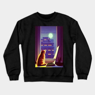 Cat Working On Office At Night Comic Artwork Style Crewneck Sweatshirt